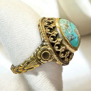 Antique Persian Turquoise Austro-Hungarian Turquoise Cannetille Gilt Ring (6)